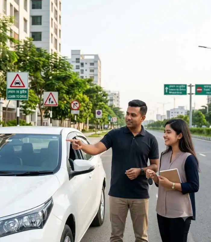 Professional driving instructor explaining practical driving lessons to a student beside a training car in Mirpur, Dhaka
