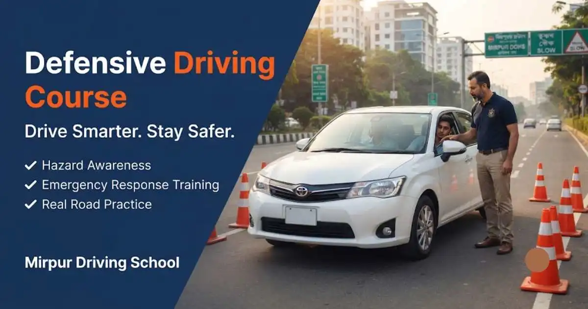 Professional driving instructor teaching defensive driving techniques to a learner during practical road training in Dhaka, Bangladesh.