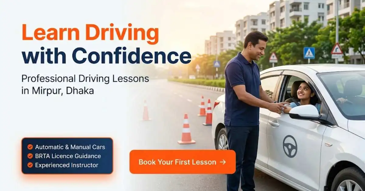 Professional driving instructor teaching a student in a modern training car at Mirpur Driving School in Dhaka