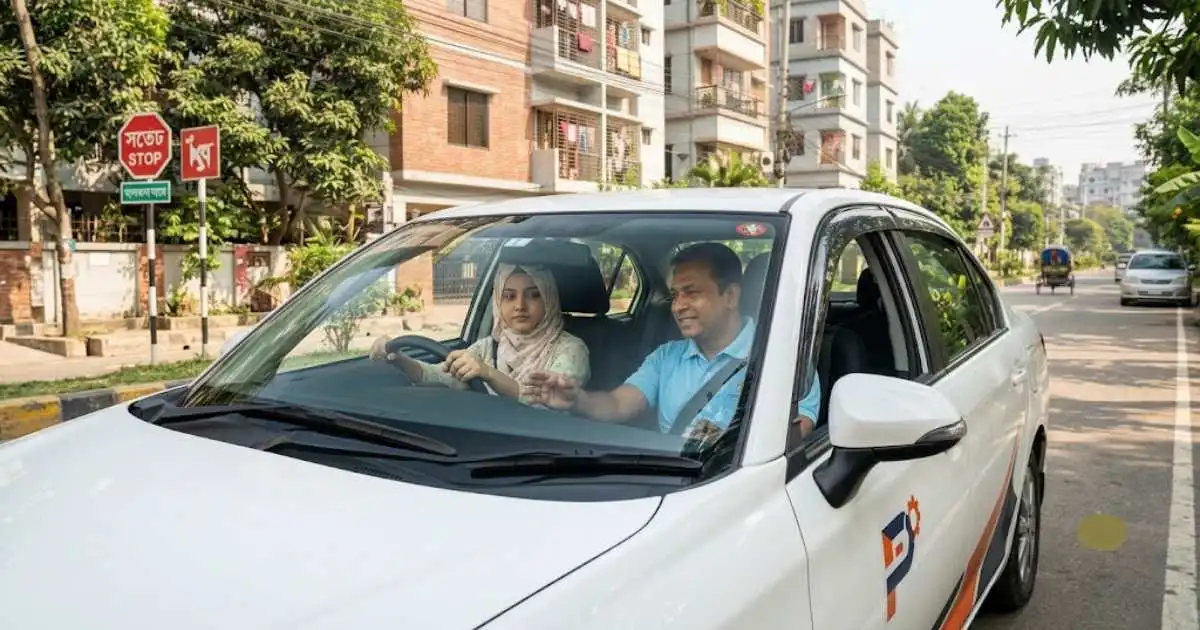 Student learning to drive with a professional instructor in Pallabi, Dhaka at Mirpur Driving School